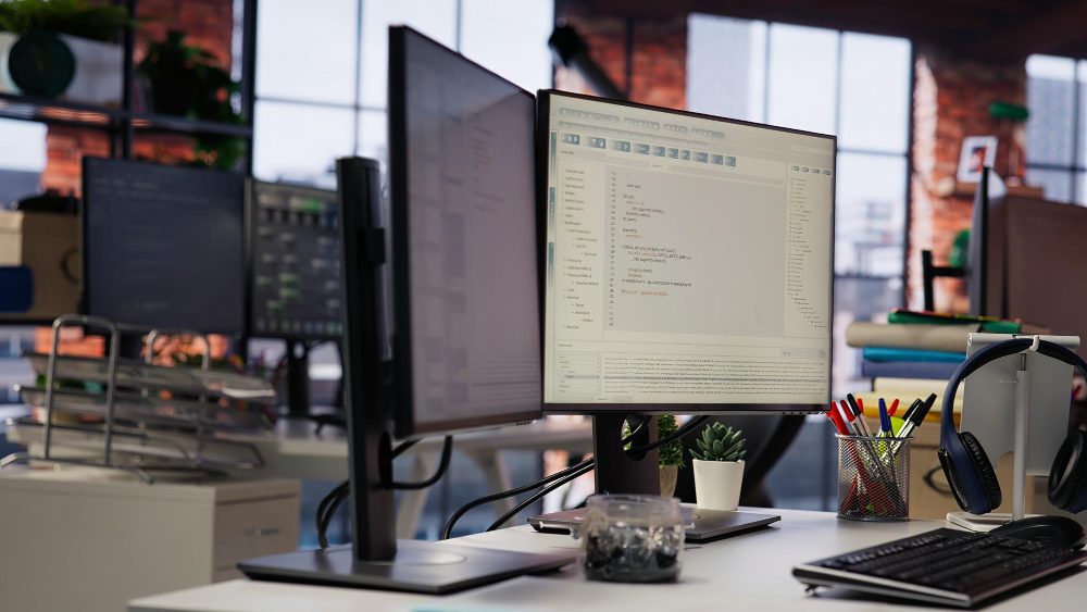 Web designer working on a custom Orange County business website across dual monitors in a bright studio