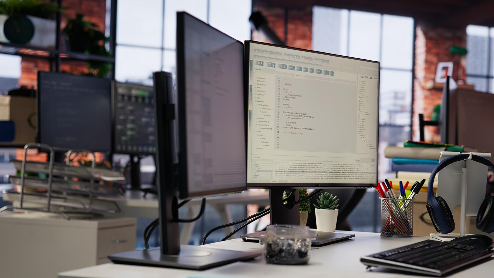 Clean modern web design workspace with dual monitors showing a website layout in a bright office