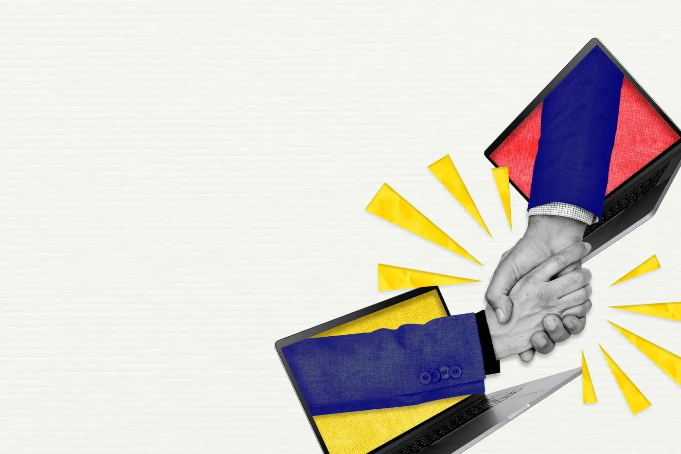 Digital handshake through laptop screens representing local business partnerships and AI-powered online marketing in 2026