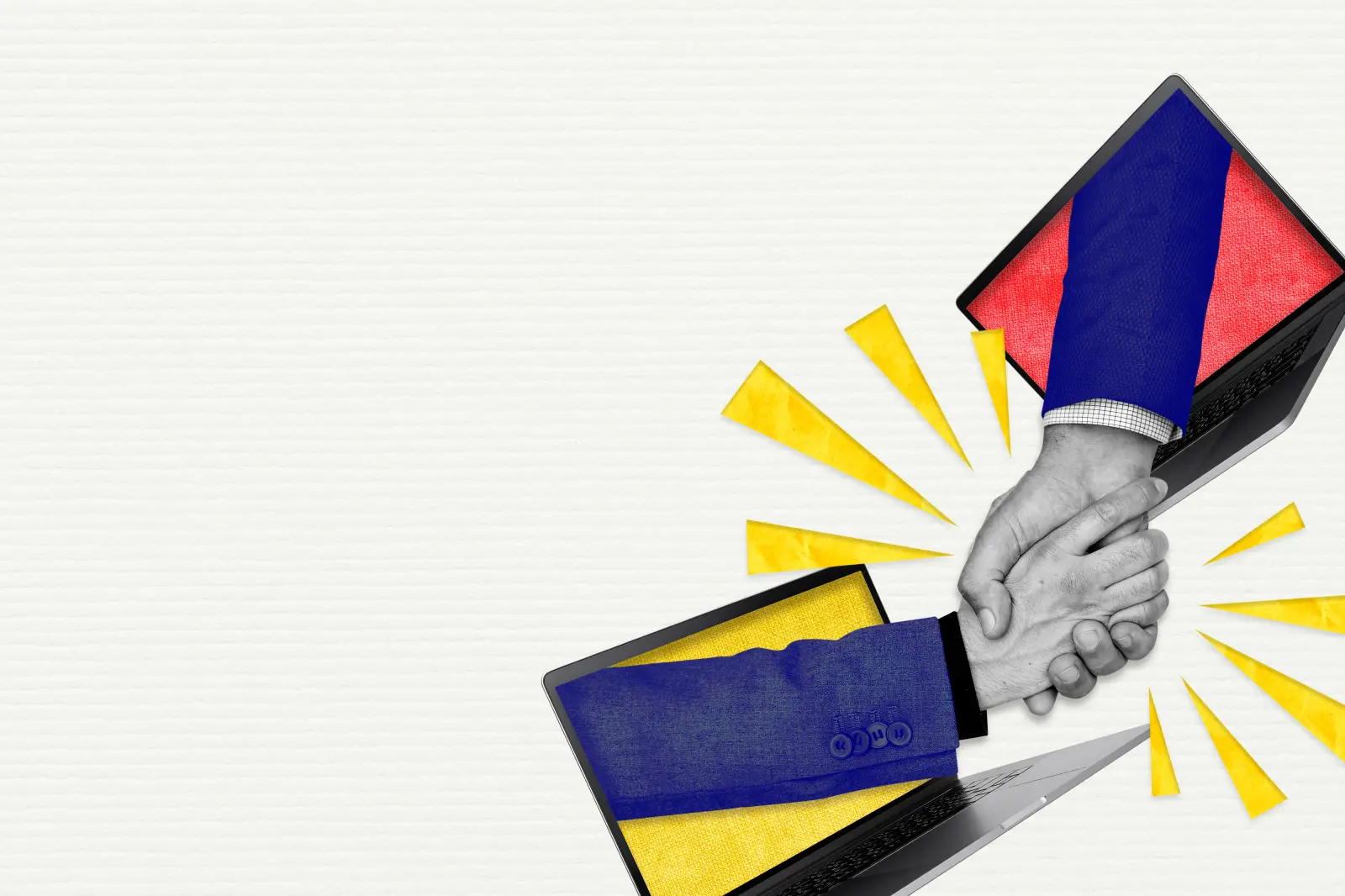 Digital handshake through laptop screens representing local business partnerships and AI-powered online marketing in 2026
